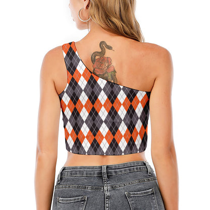 Grey Black Orange And White Argyle Print One Shoulder Crop Top
