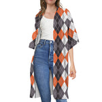 Grey Black Orange And White Argyle Print Open Front Beach Cover Up