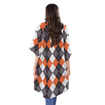 Grey Black Orange And White Argyle Print Open Front Beach Cover Up