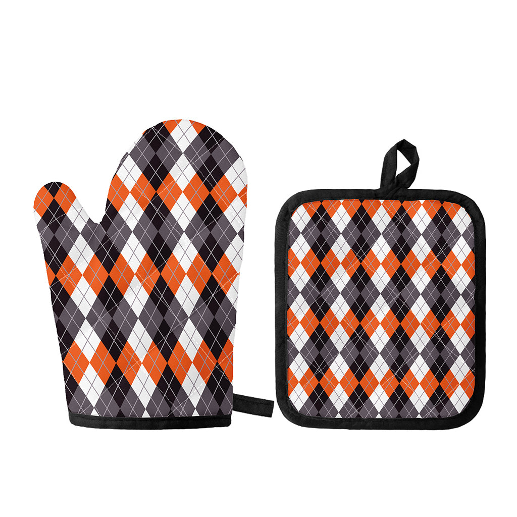 Grey Black Orange And White Argyle Print Oven Mitt And Pot Holder Set