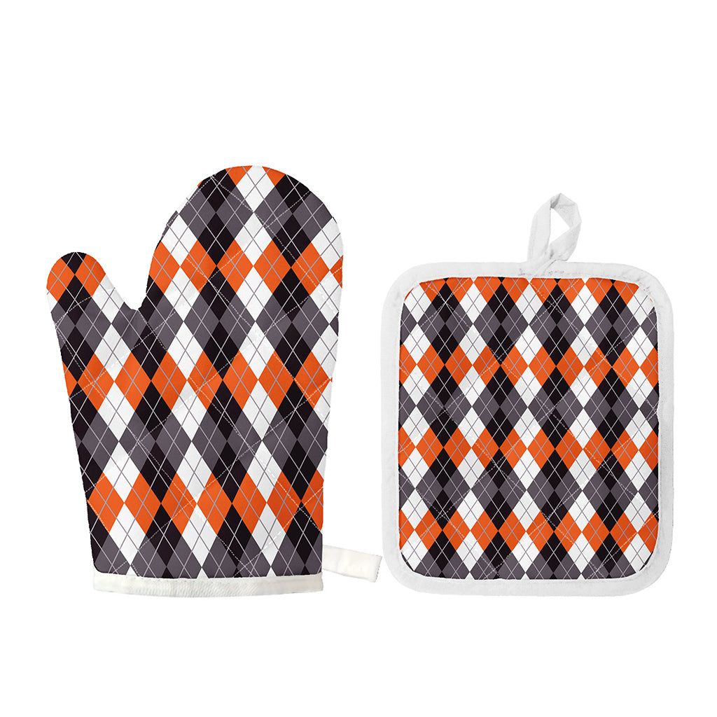 Grey Black Orange And White Argyle Print Oven Mitt And Pot Holder Set