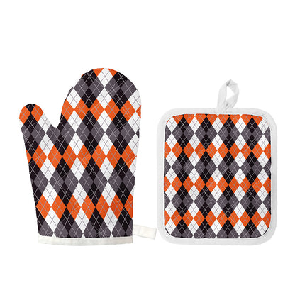 Grey Black Orange And White Argyle Print Oven Mitt And Pot Holder Set