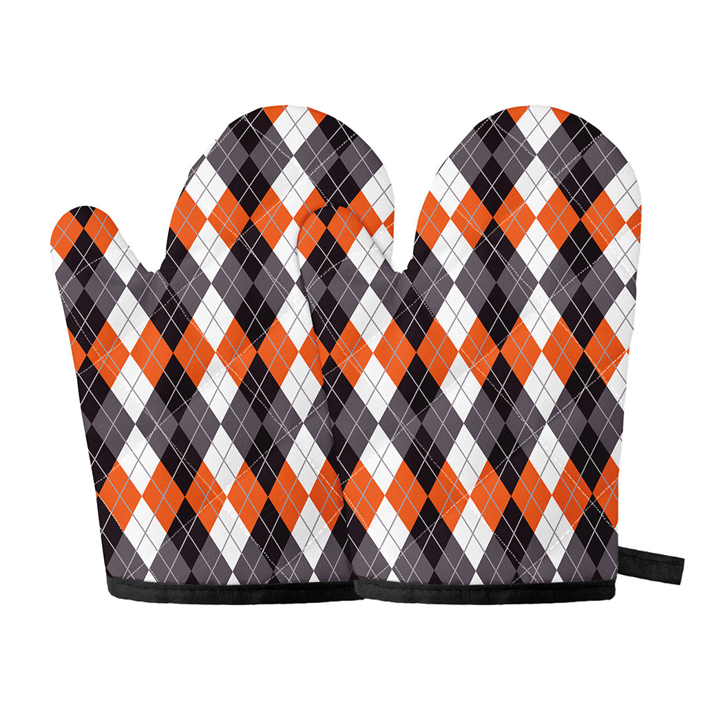 Grey Black Orange And White Argyle Print Oven Mitts
