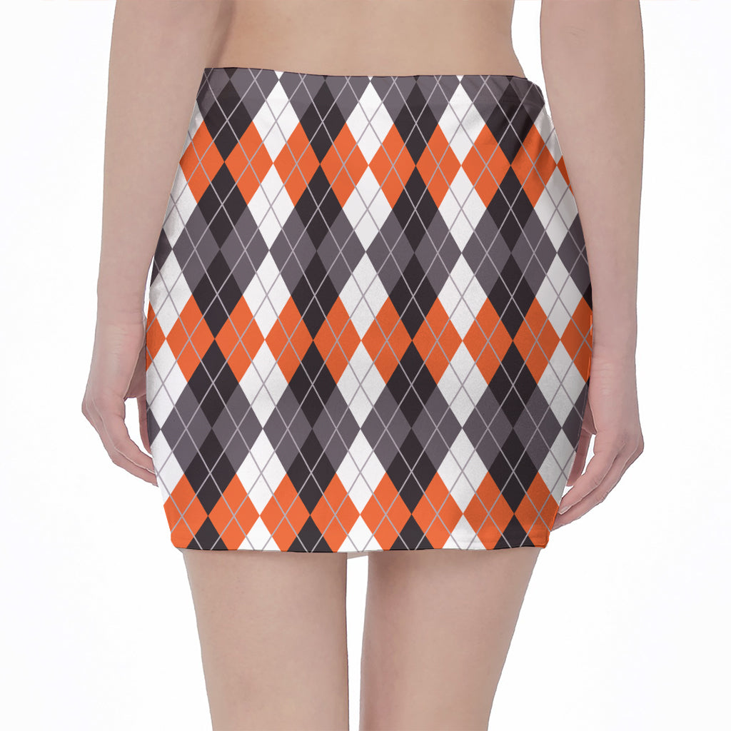 Grey Black Orange And White Argyle Print Pencil Mini Skirt