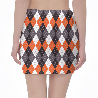 Grey Black Orange And White Argyle Print Pencil Mini Skirt