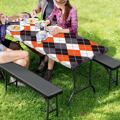 Grey Black Orange And White Argyle Print Picnic Table Cover