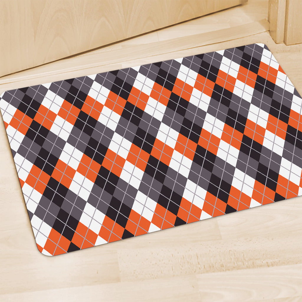 Grey Black Orange And White Argyle Print Polyester Doormat
