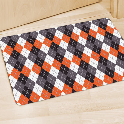 Grey Black Orange And White Argyle Print Polyester Doormat
