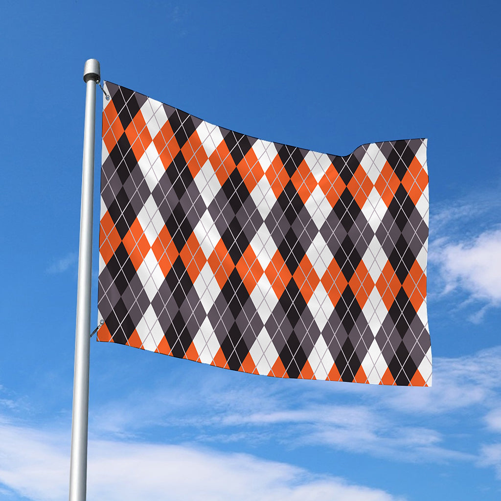 Grey Black Orange And White Argyle Print Polyester Flag