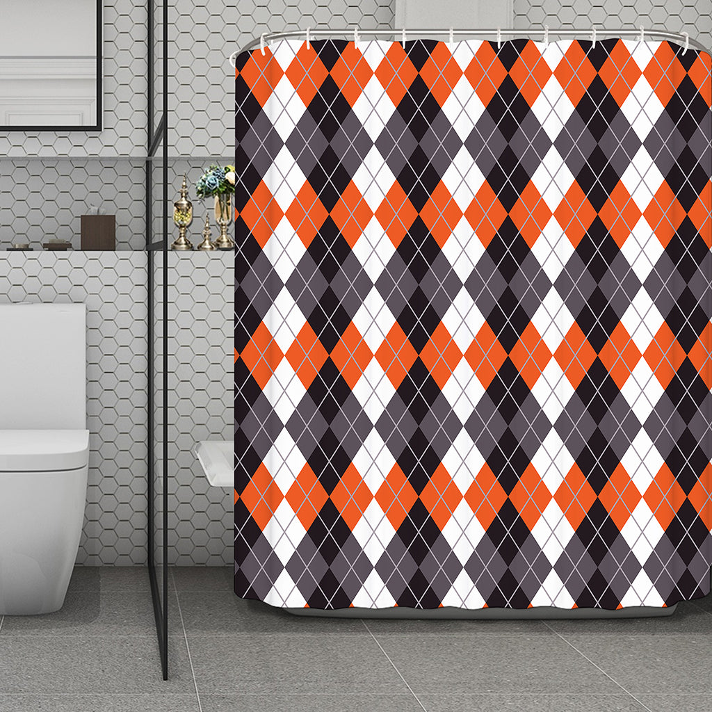 Grey Black Orange And White Argyle Print Polyester Shower Curtain
