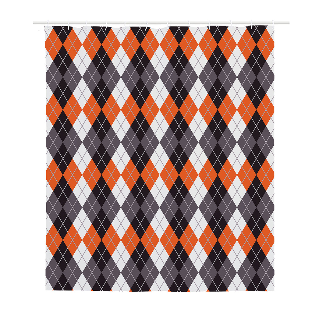 Grey Black Orange And White Argyle Print Polyester Shower Curtain