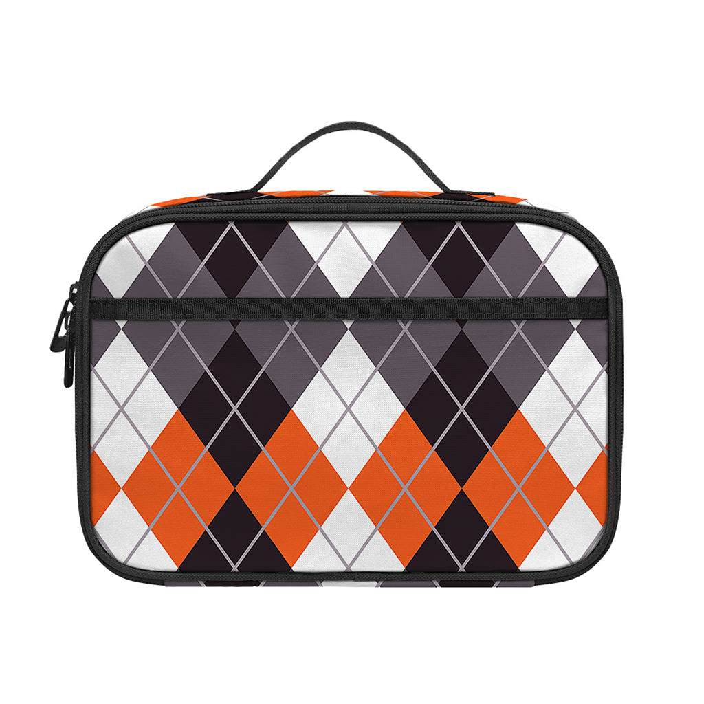 Grey Black Orange And White Argyle Print Portable Lunch Bag