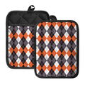 Grey Black Orange And White Argyle Print Pot Holders With Pocket