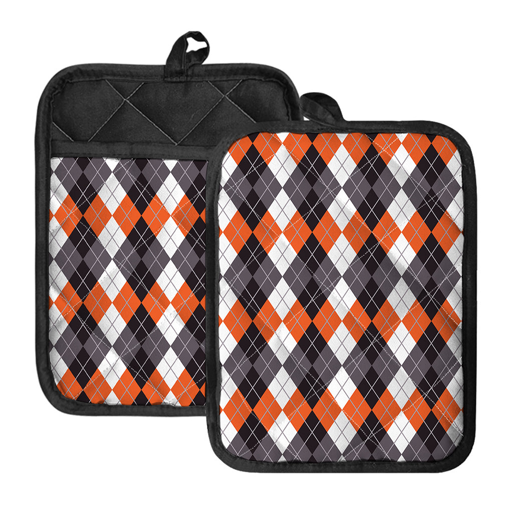 Grey Black Orange And White Argyle Print Pot Holders With Pocket