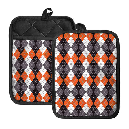 Grey Black Orange And White Argyle Print Pot Holders With Pocket
