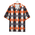 Grey Black Orange And White Argyle Print Rayon Hawaiian Shirt