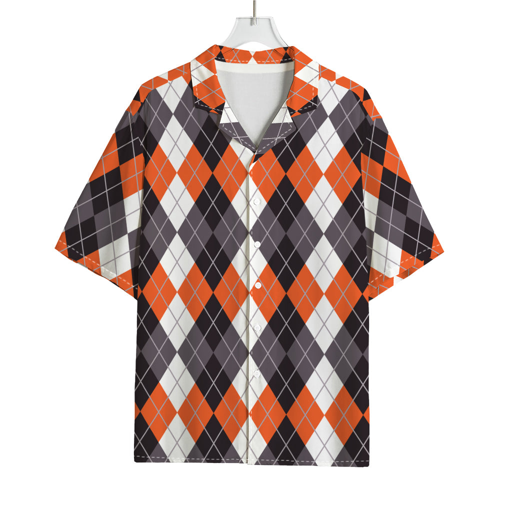 Grey Black Orange And White Argyle Print Rayon Hawaiian Shirt