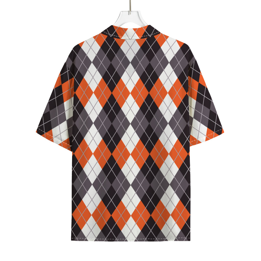 Grey Black Orange And White Argyle Print Rayon Hawaiian Shirt