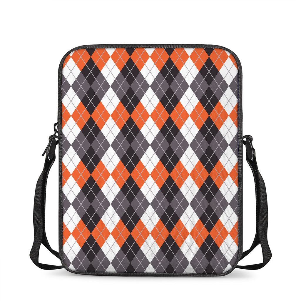 Grey Black Orange And White Argyle Print Rectangular Crossbody Bag