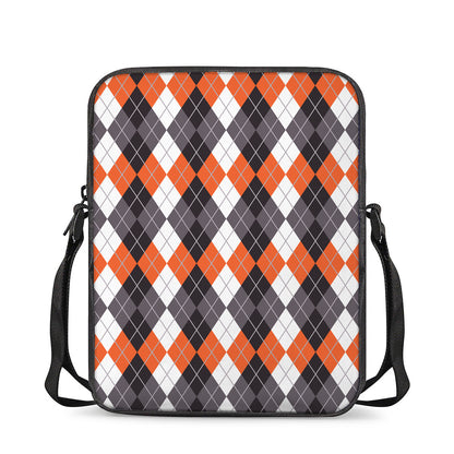 Grey Black Orange And White Argyle Print Rectangular Crossbody Bag