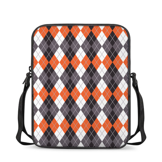 Grey Black Orange And White Argyle Print Rectangular Crossbody Bag