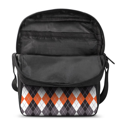 Grey Black Orange And White Argyle Print Rectangular Crossbody Bag