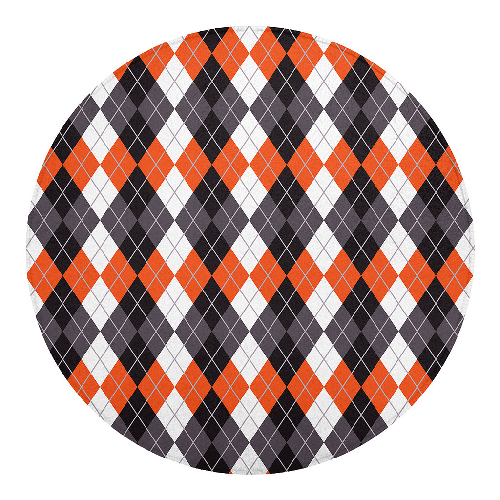 Grey Black Orange And White Argyle Print Round Blanket