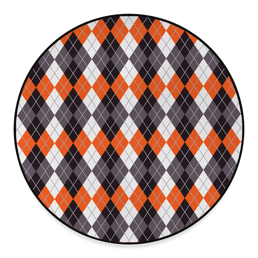 Grey Black Orange And White Argyle Print Round Floor Mat