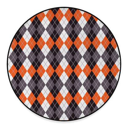Grey Black Orange And White Argyle Print Round Floor Mat