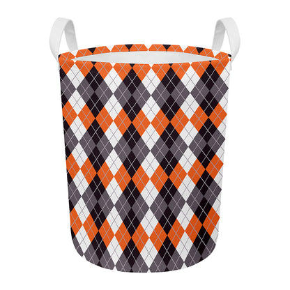 Grey Black Orange And White Argyle Print Round Laundry Basket