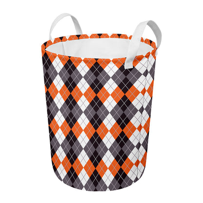 Grey Black Orange And White Argyle Print Round Laundry Basket