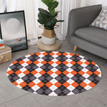 Grey Black Orange And White Argyle Print Round Rug
