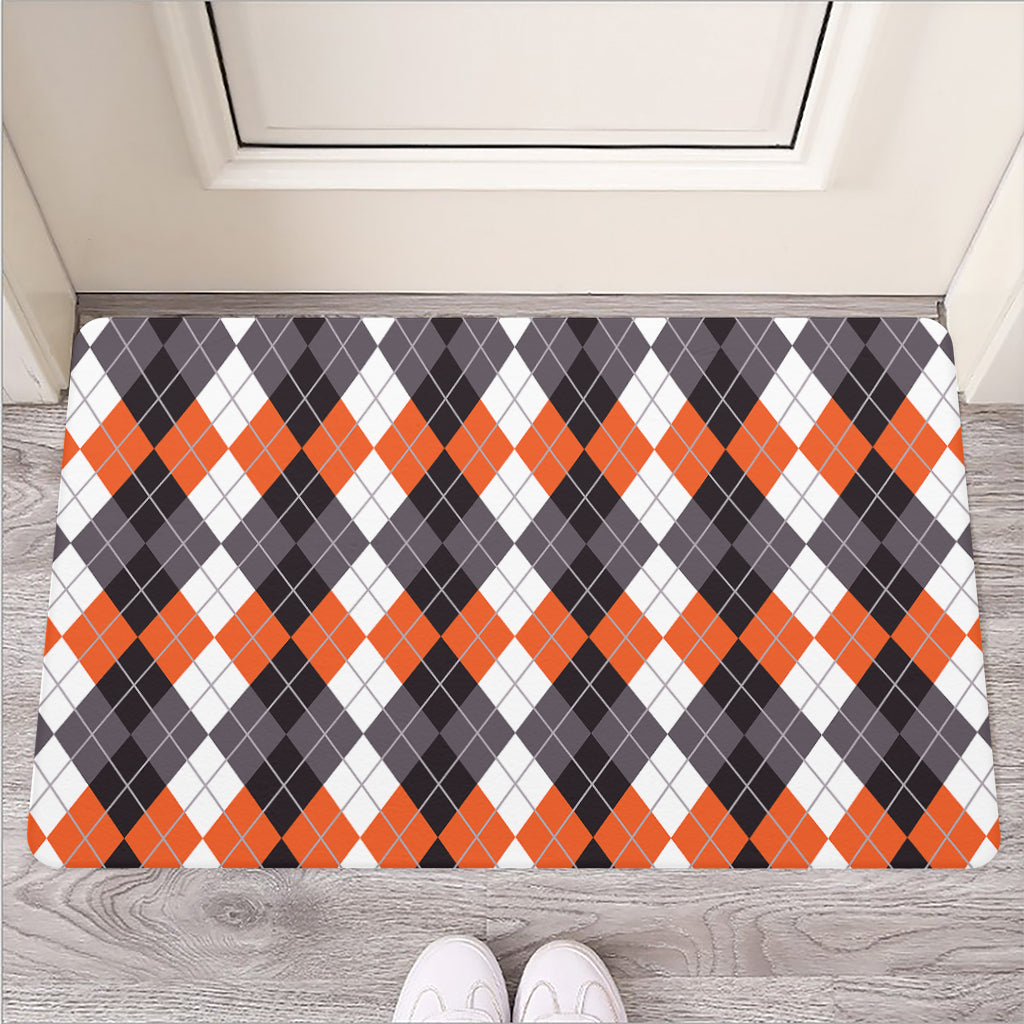 Grey Black Orange And White Argyle Print Rubber Doormat
