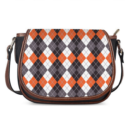 Grey Black Orange And White Argyle Print Saddle Bag