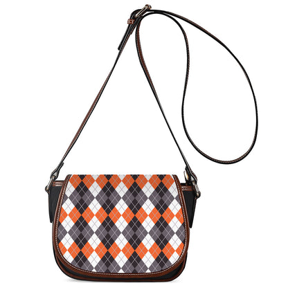 Grey Black Orange And White Argyle Print Saddle Bag