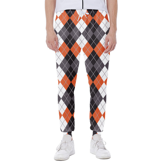 Grey Black Orange And White Argyle Print Scuba Joggers