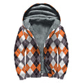 Grey Black Orange And White Argyle Print Sherpa Lined Zip Up Hoodie