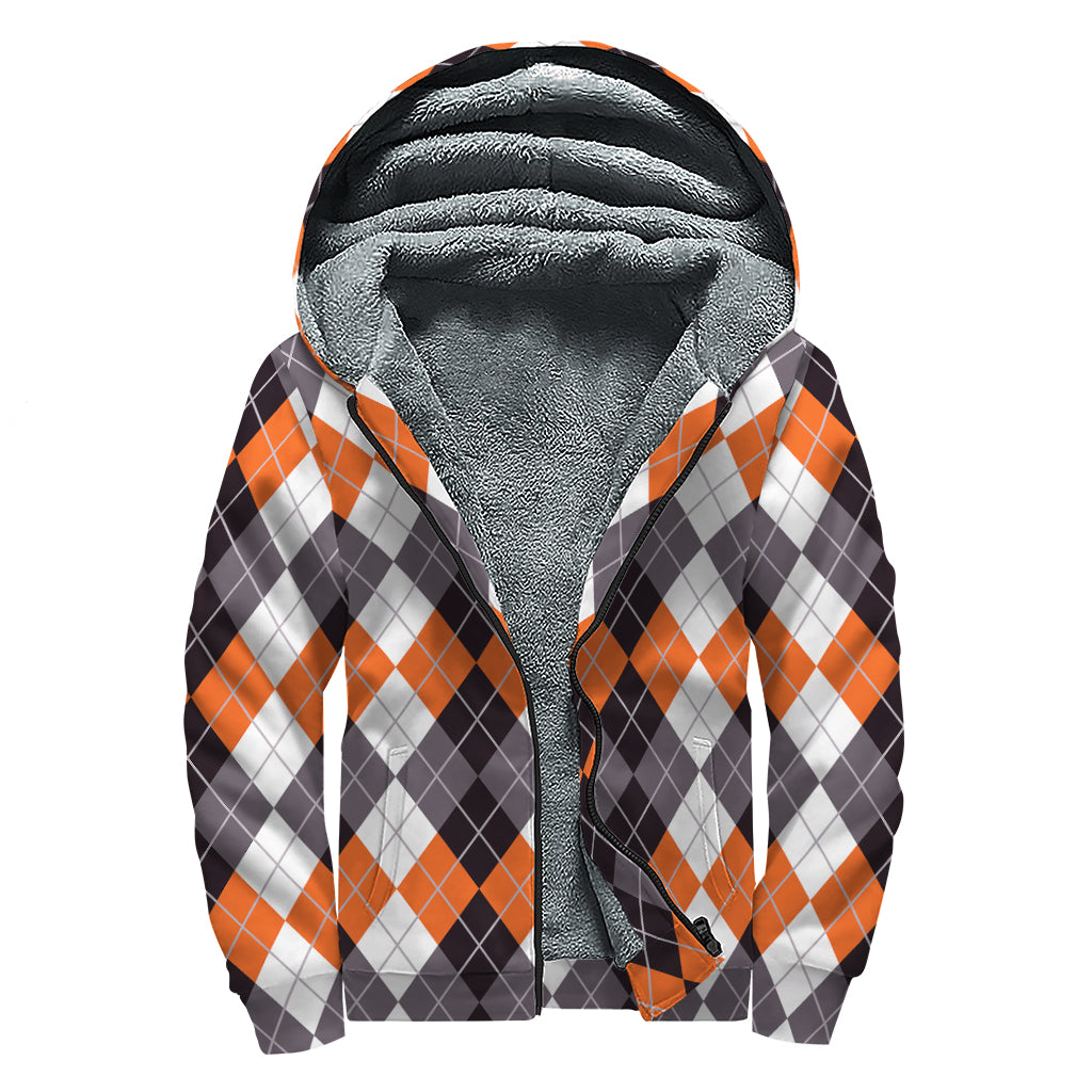 Grey Black Orange And White Argyle Print Sherpa Lined Zip Up Hoodie