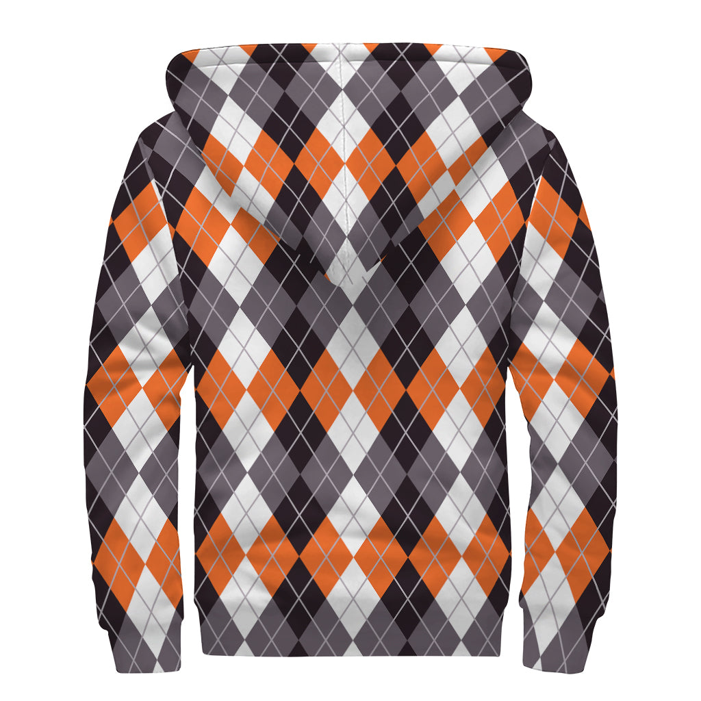 Grey Black Orange And White Argyle Print Sherpa Lined Zip Up Hoodie
