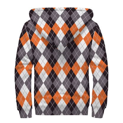 Grey Black Orange And White Argyle Print Sherpa Lined Zip Up Hoodie
