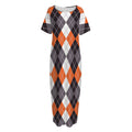 Grey Black Orange And White Argyle Print Short Sleeve Long Nightdress