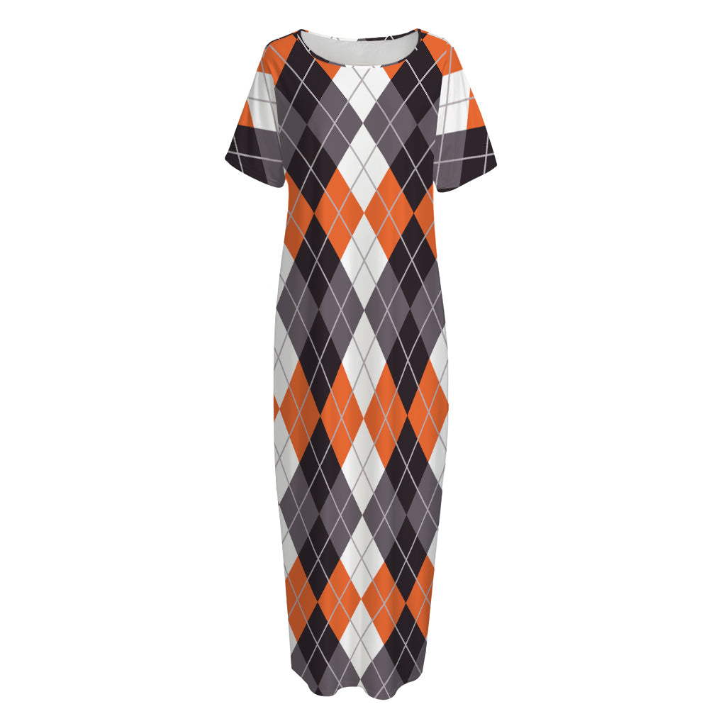 Grey Black Orange And White Argyle Print Short Sleeve Long Nightdress