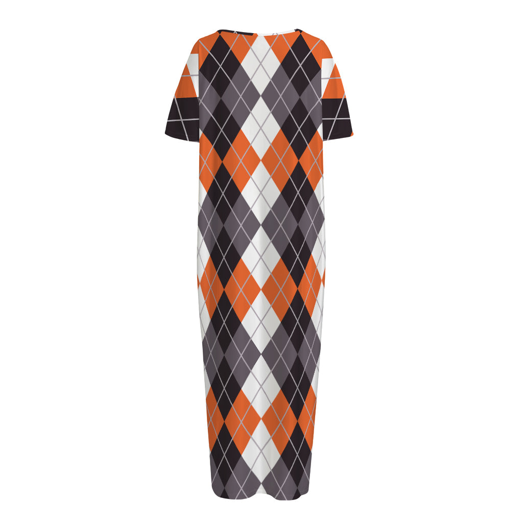 Grey Black Orange And White Argyle Print Short Sleeve Long Nightdress