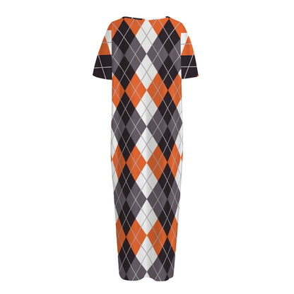 Grey Black Orange And White Argyle Print Short Sleeve Long Nightdress