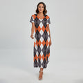 Grey Black Orange And White Argyle Print Short Sleeve Maxi Dress
