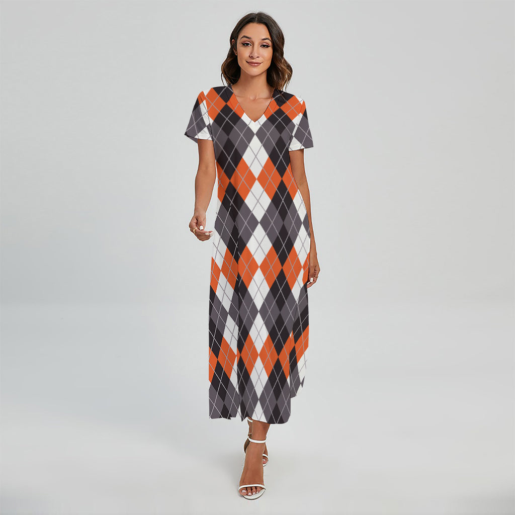 Grey Black Orange And White Argyle Print Short Sleeve Maxi Dress