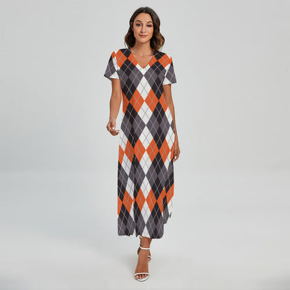 Grey Black Orange And White Argyle Print Short Sleeve Maxi Dress