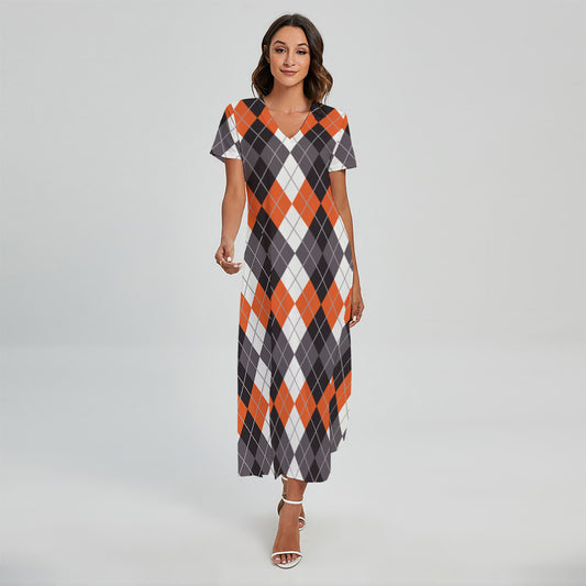 Grey Black Orange And White Argyle Print Short Sleeve Maxi Dress