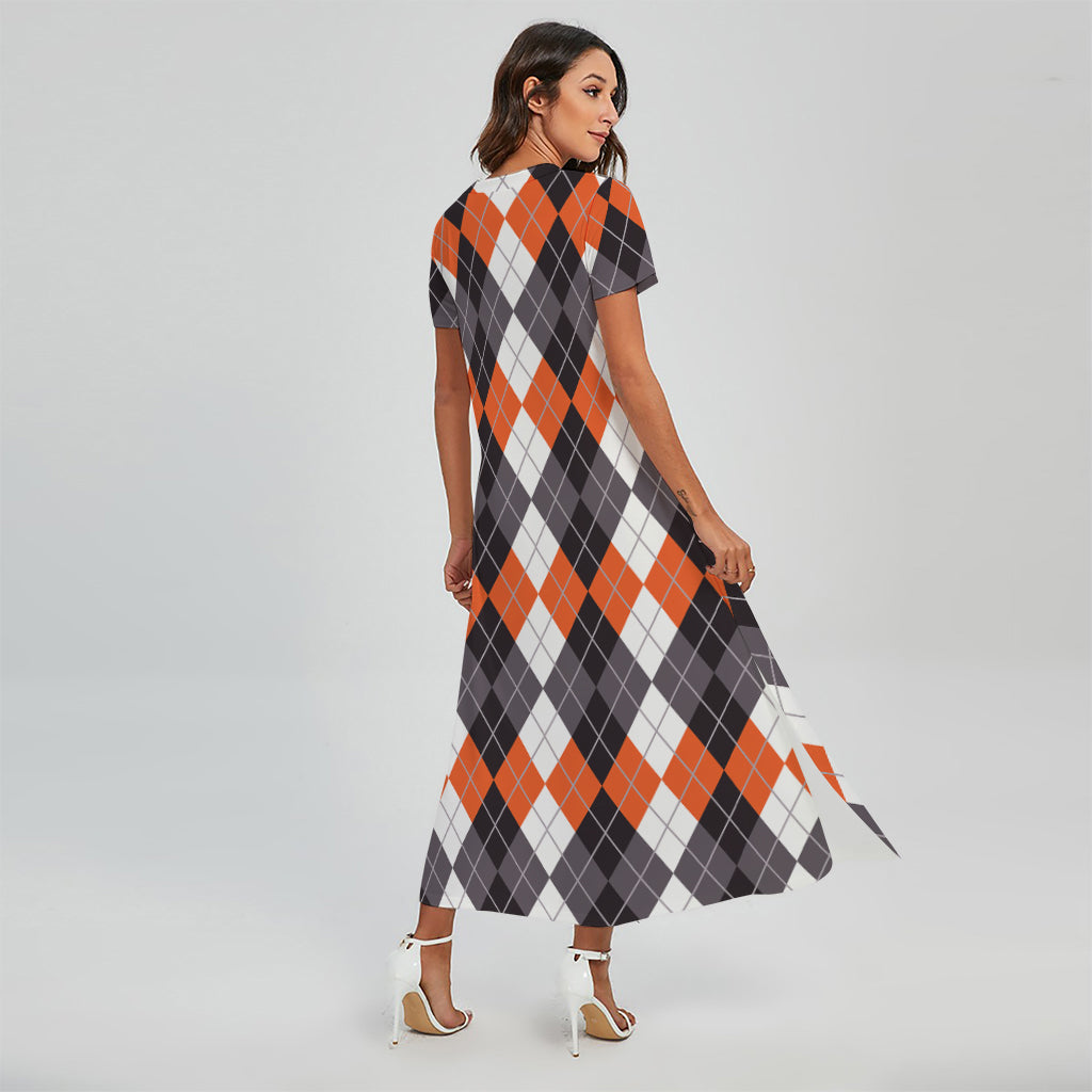 Grey Black Orange And White Argyle Print Short Sleeve Maxi Dress