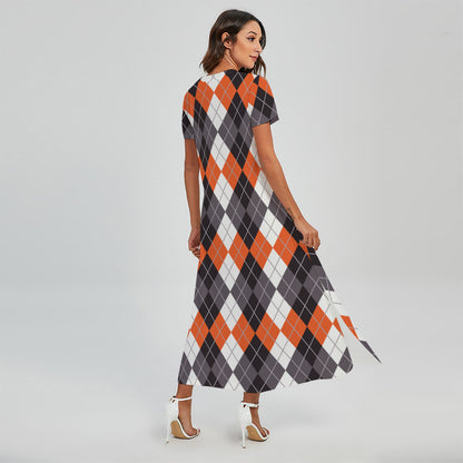 Grey Black Orange And White Argyle Print Short Sleeve Maxi Dress